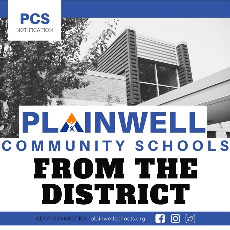 picture of Gilkey elementary with PCS notification plainwell community schools - from the district - stay connected plainwellschools.org, Facebook, Instagram Twitter  