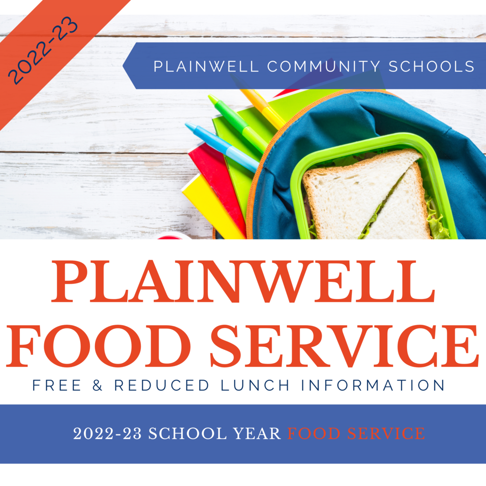 Picture of backpack with lunch saying 2022-23 Plainwell Community Schools - Plainwell Food Service - Free & Reduced Lunch Information - 2022-23 School Year Food Service
